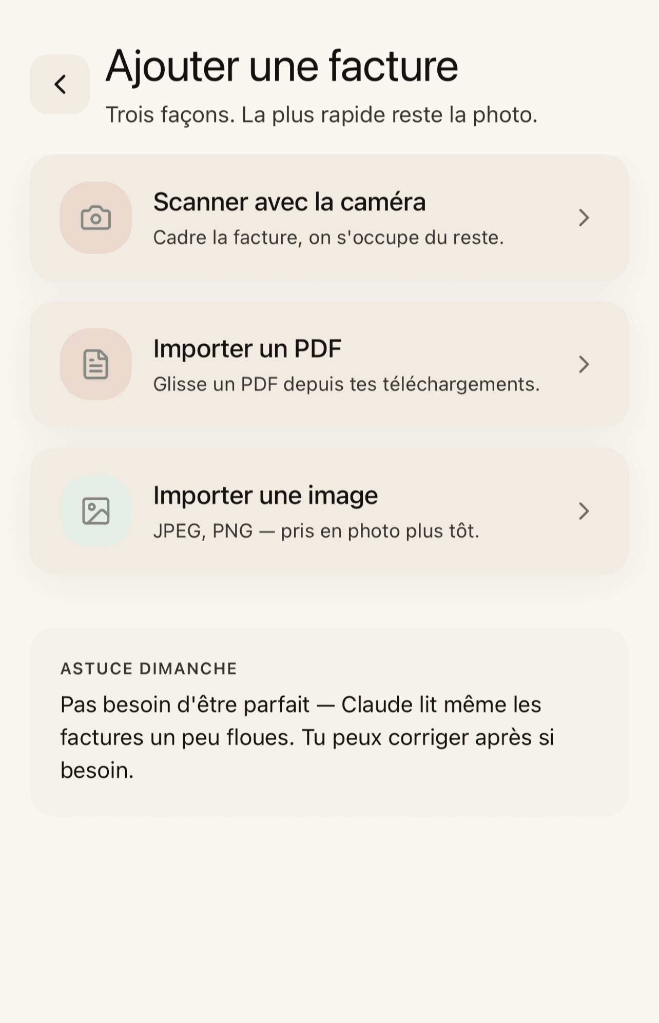 Ajouter une facture dans l’app MySunday : scanner avec la caméra, importer un PDF ou une image