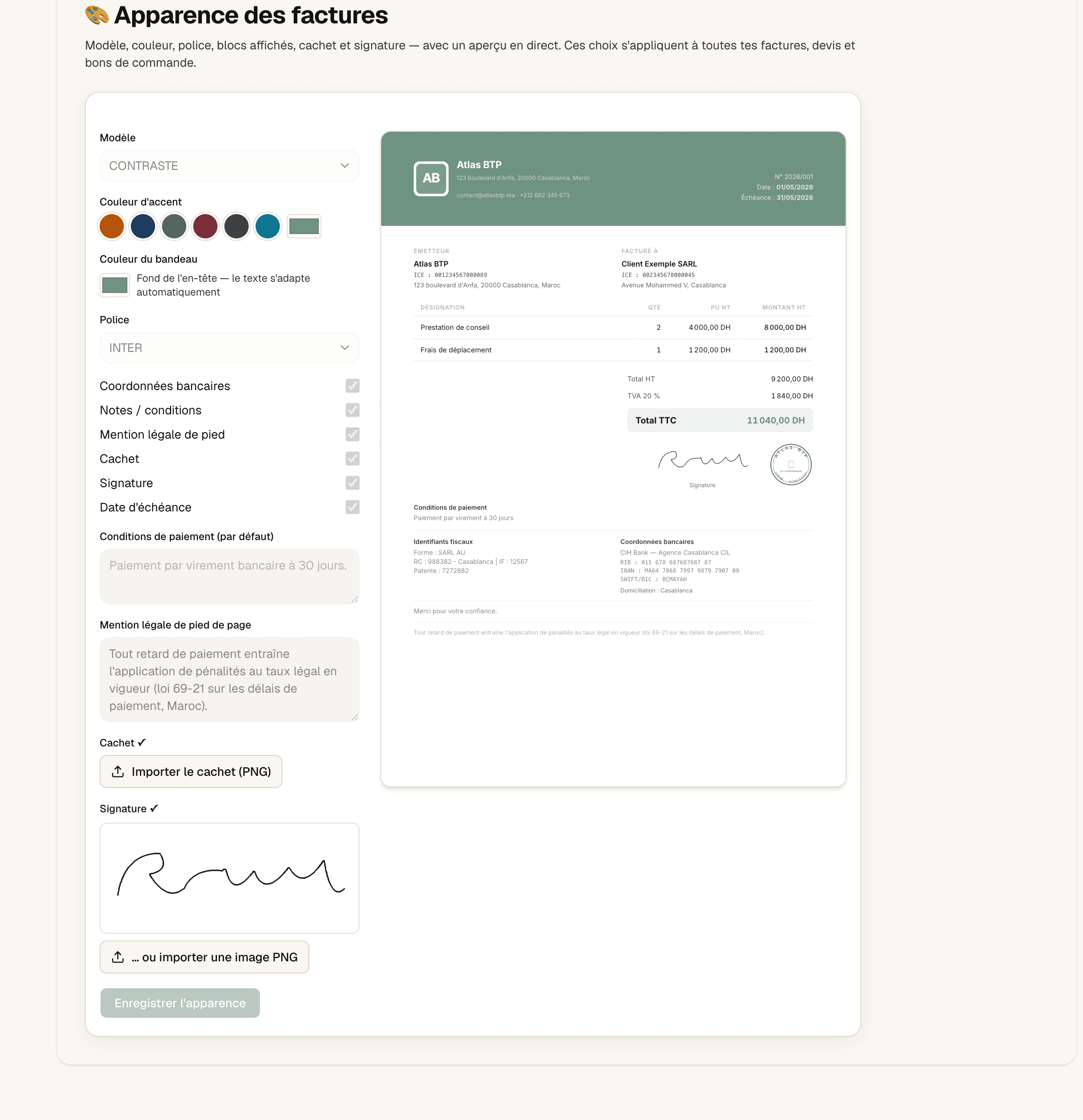 Écran Réglages → Apparence des factures de MySunday : contrôles à gauche (modèle, palettes, police, blocs affichés, cachet, signature, conditions de paiement, mention légale), aperçu A4 vivant à droite avec bandeau sage, signature manuscrite, cachet rond et coordonnées bancaires.